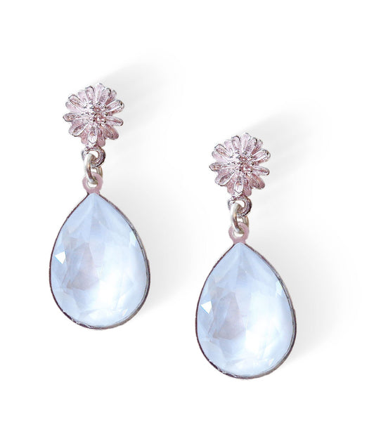 Crystal pear drop earrings,electric white,silver plated