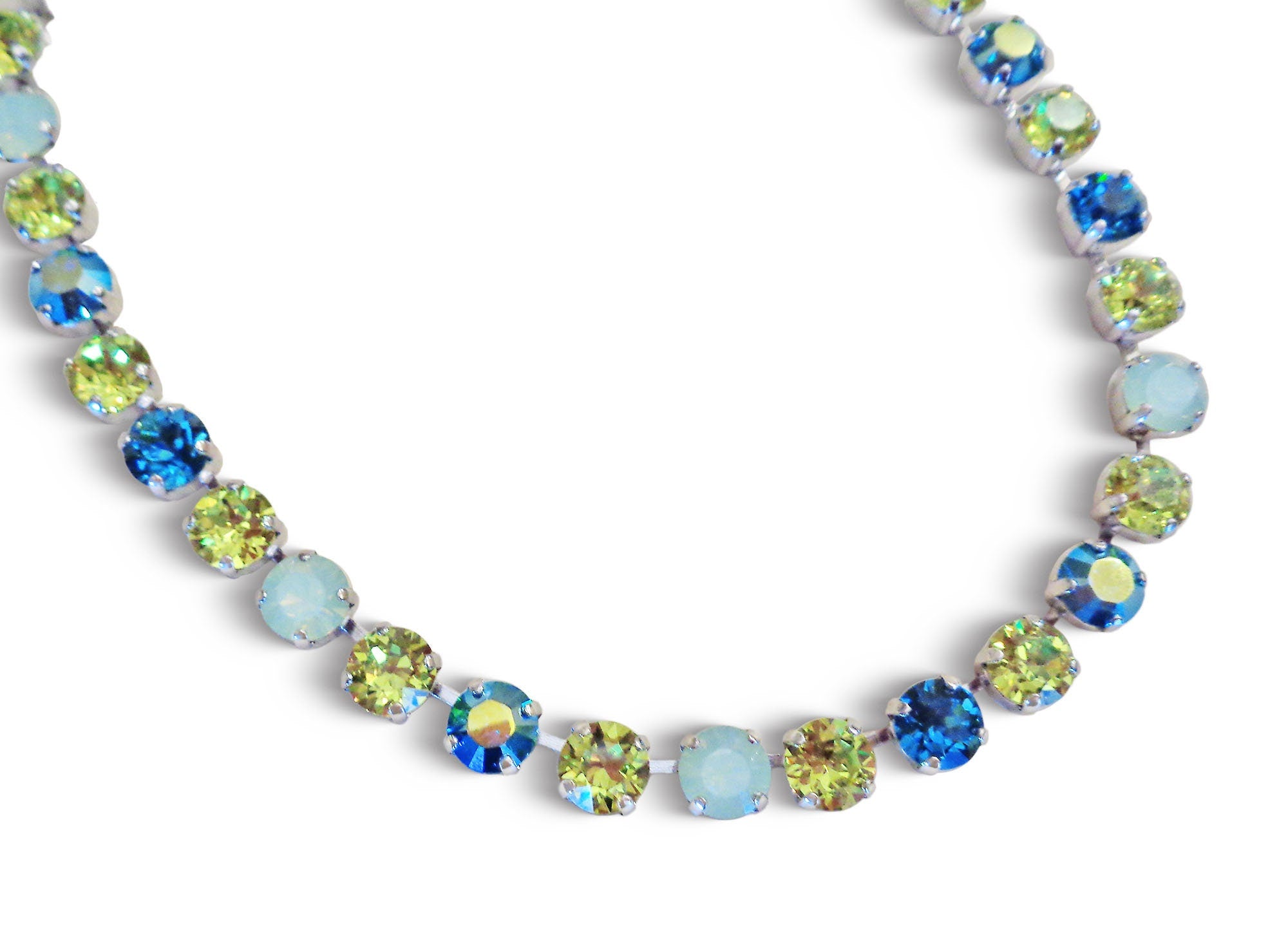 LIME DROPS crystal tennis  necklace,citrus green and blue ,rhodium silver