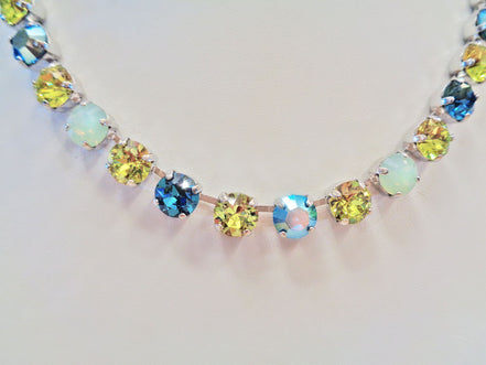 LIME DROPS crystal tennis  necklace,citrus green and blue ,rhodium silver