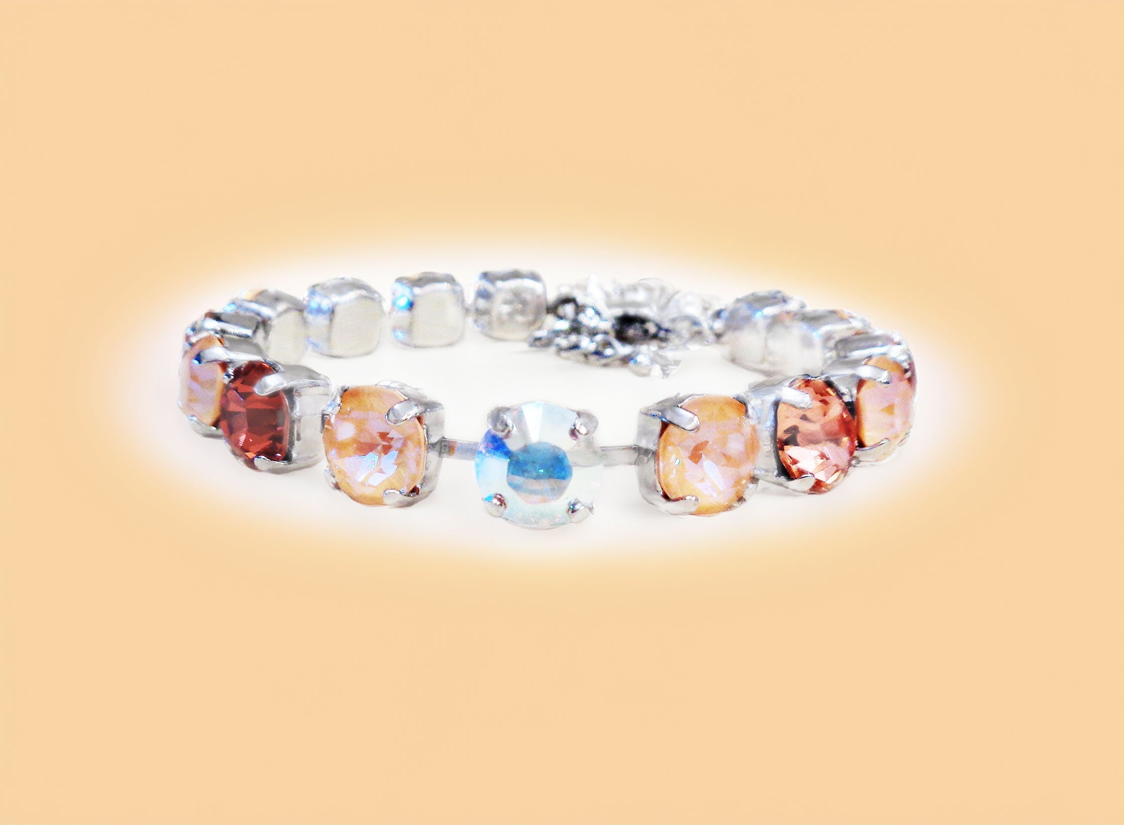 PEACH SORBET Austrian crystal tennis  bracelet ,light peach delite,rhodium silver