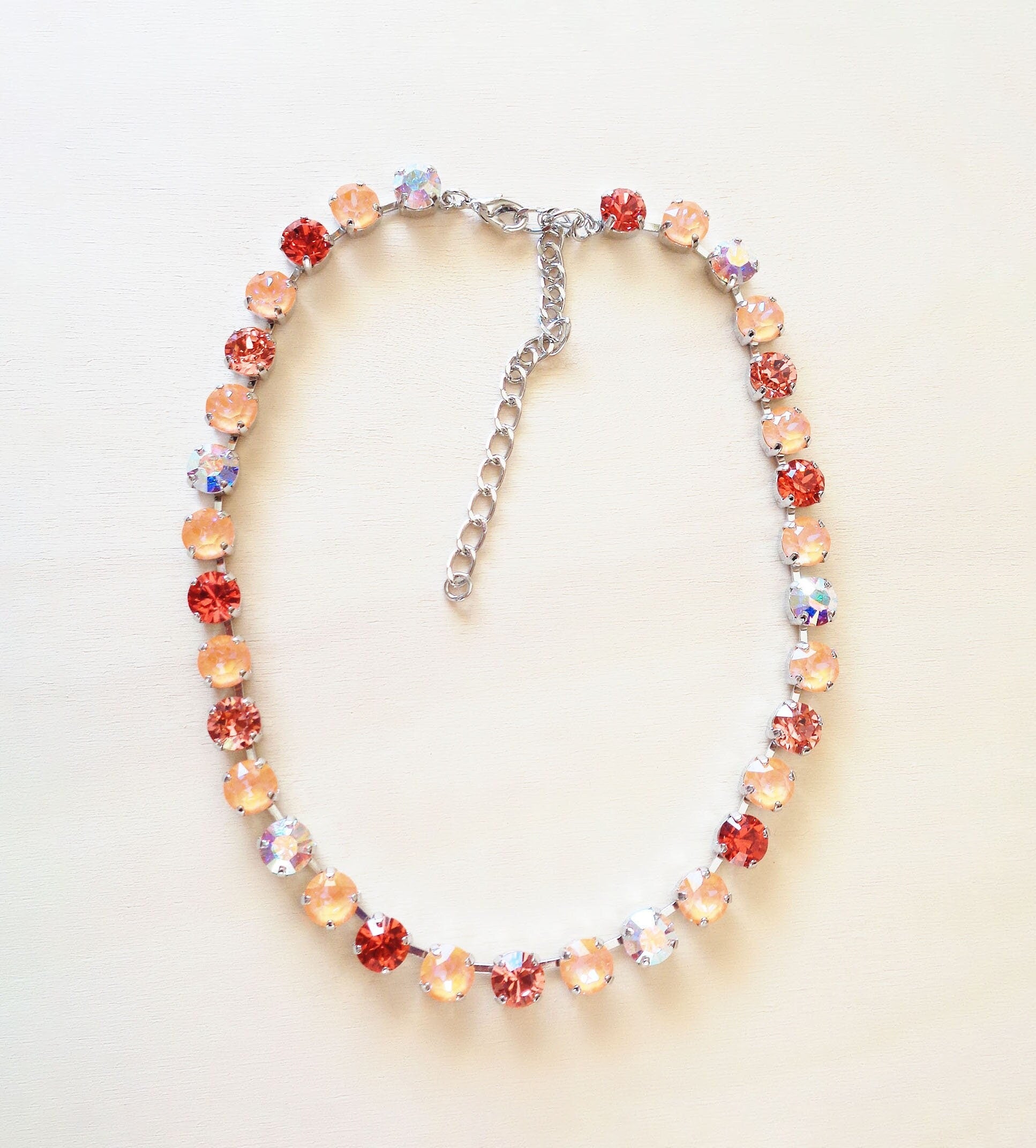 PEACH SORBET crystal tennis necklace, crystal peach,rose peach ,rhodium silver