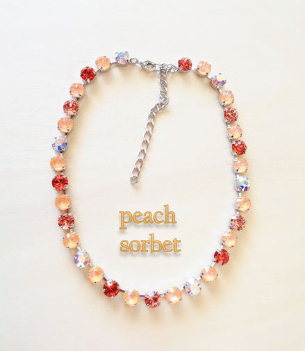 PEACH SORBET crystal tennis necklace, crystal peach,rose peach ,rhodium silver