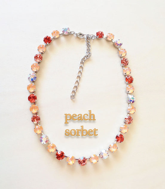 PEACH SORBET crystal tennis necklace, crystal peach,rose peach ,rhodium silver