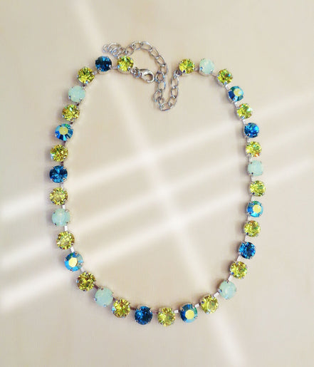 LIME DROPS crystal tennis  necklace,citrus green and blue ,rhodium silver