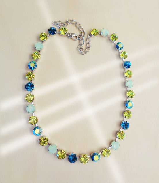 LIME DROPS crystal tennis  necklace,citrus green and blue ,rhodium silver