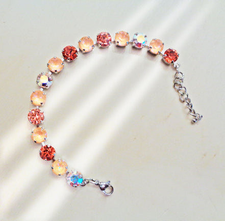 PEACH SORBET Austrian crystal tennis  bracelet ,light peach delite,rhodium silver
