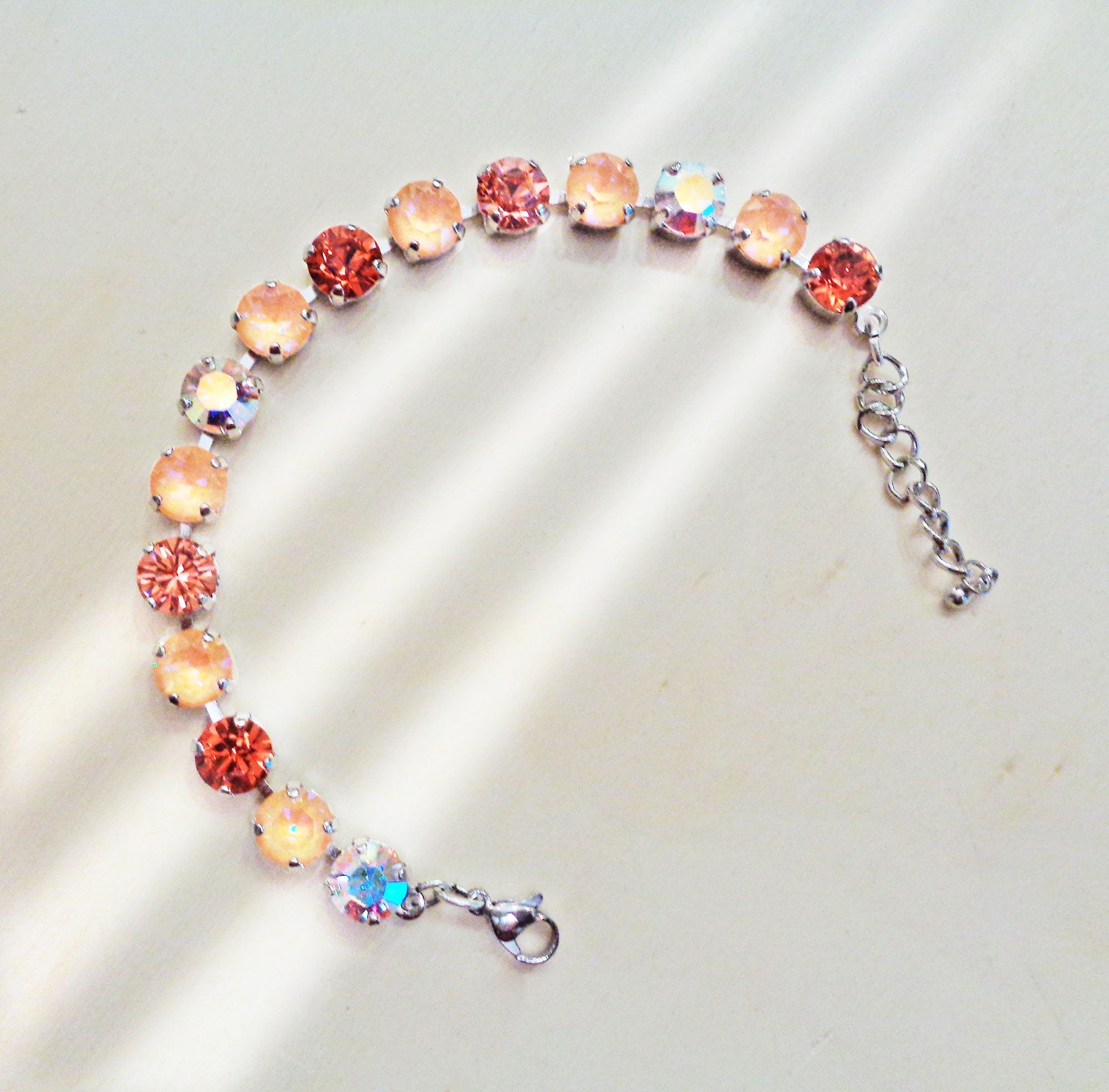 PEACH SORBET Austrian crystal tennis  bracelet ,light peach delite,rhodium silver