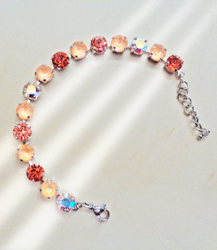 PEACH SORBET Austrian crystal tennis  bracelet ,light peach delite,rhodium silver