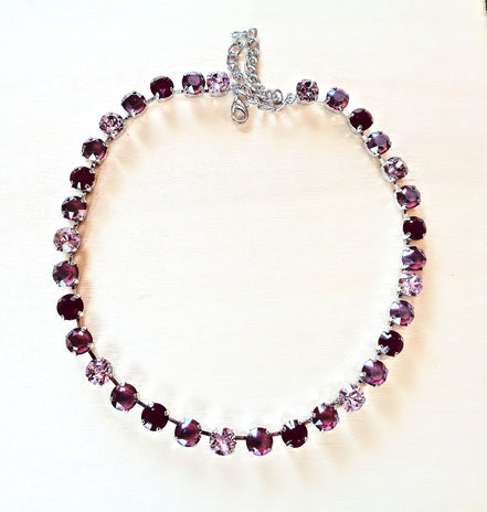 MAROON FLOWERS crystal choker necklace, dark red and burgundy ,rhodium silver