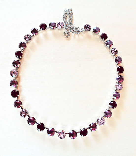 MAROON FLOWERS crystal choker necklace, dark red and burgundy ,rhodium silver