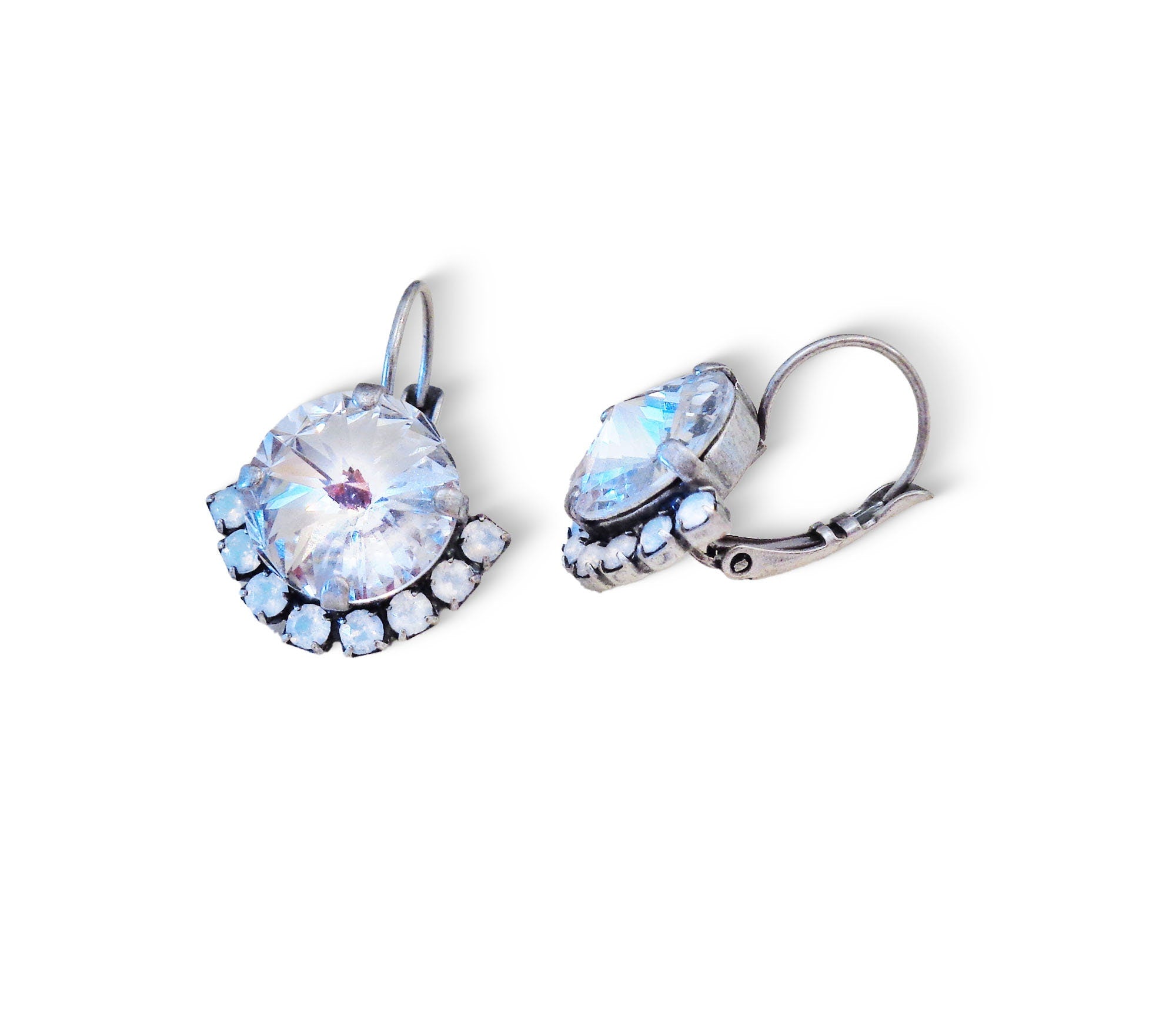 Crystal rivoli drop earrings,clear crystal,white,antique silver