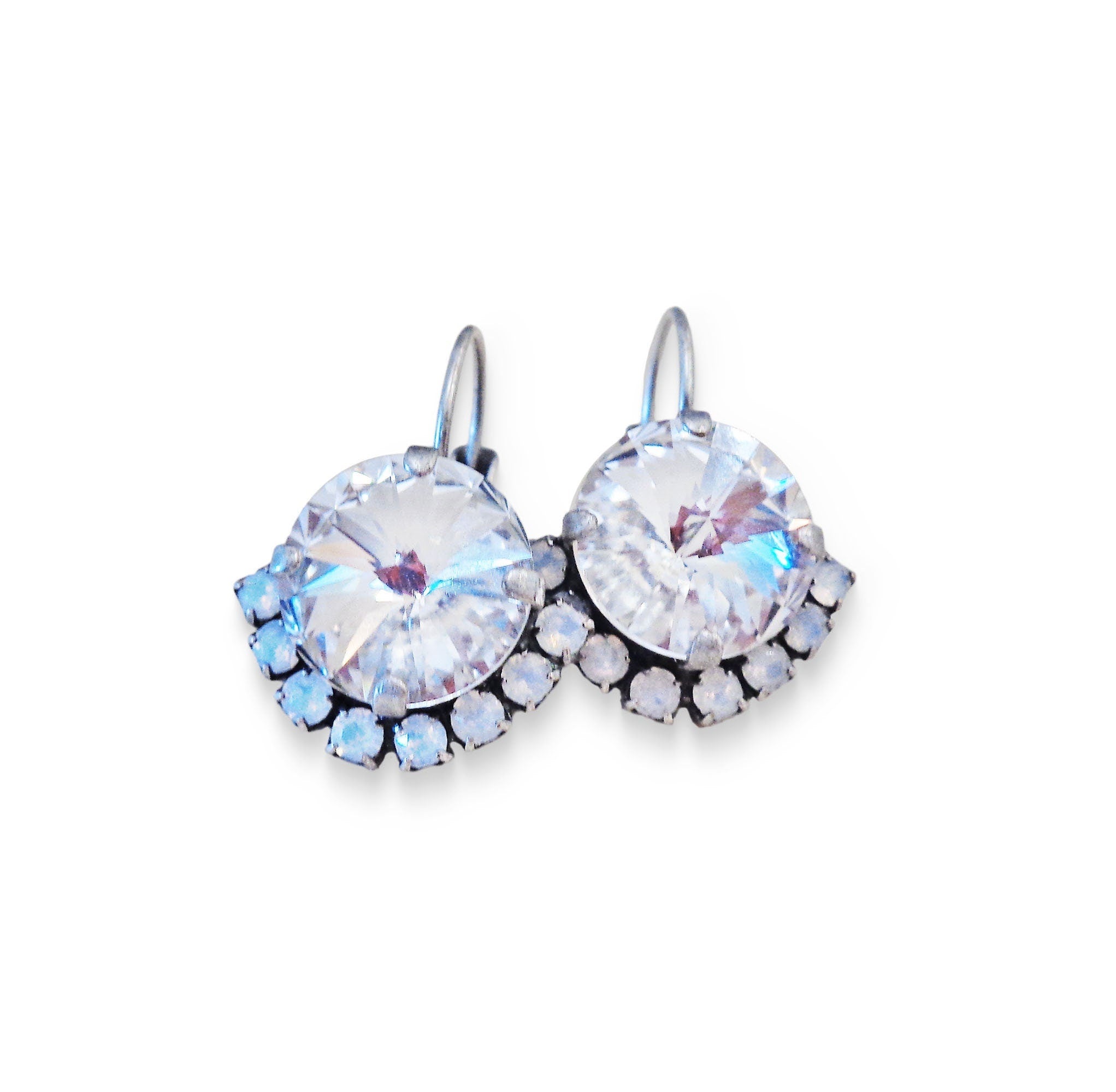 Crystal rivoli drop earrings,clear crystal,white,antique silver