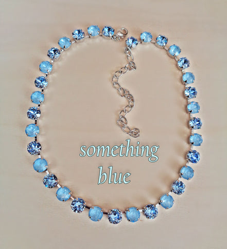 SOMETHING BLUE crystal  tennis style necklace, light blue,rhodium silver