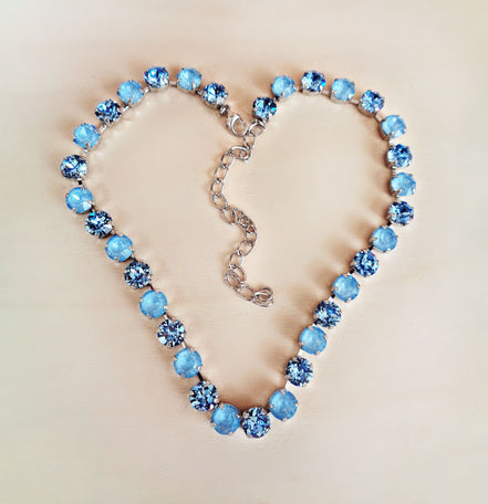 SOMETHING BLUE crystal  tennis style necklace, light blue,rhodium silver