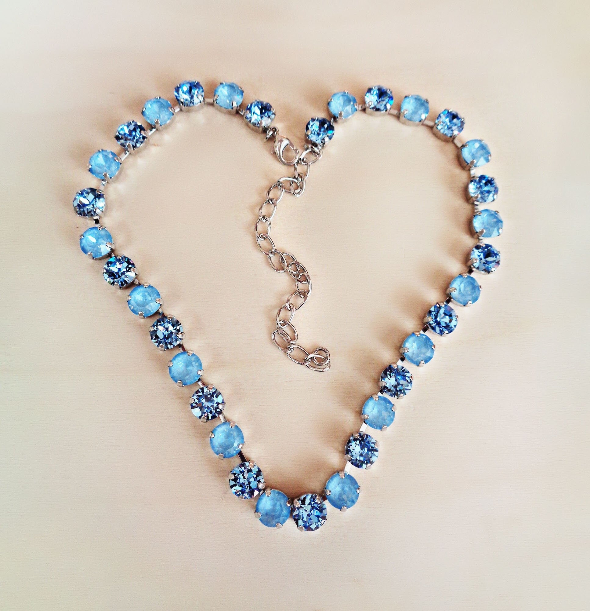 SOMETHING BLUE crystal  tennis style necklace, light blue,rhodium silver