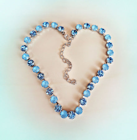 SOMETHING BLUE crystal  tennis style necklace, light blue,rhodium silver