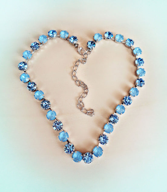 SOMETHING BLUE crystal  tennis style necklace, light blue,rhodium silver