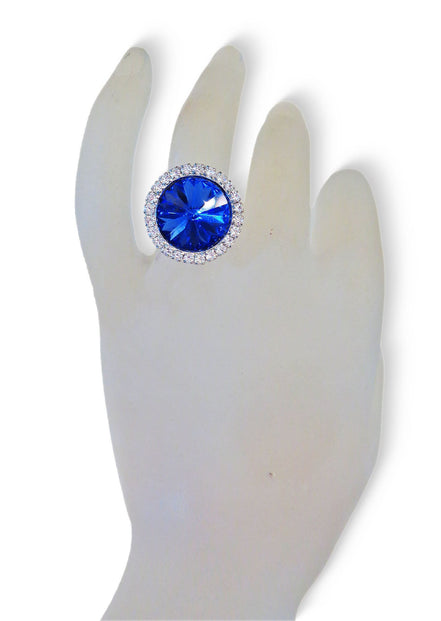 Crystal  halo round finger  ring  blue sapphire,rhodium silver