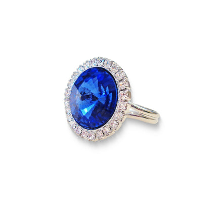 Crystal  halo round finger  ring  blue sapphire,rhodium silver