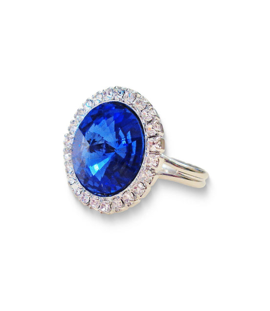 Crystal  halo round finger  ring  blue sapphire,rhodium silver