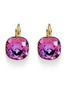 Crystal square  mini drop earrings dark rosy purple,gold plated