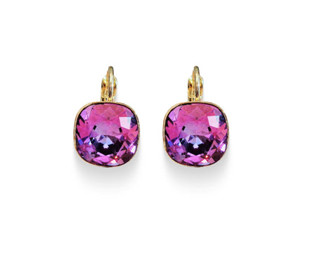 Crystal square  mini drop earrings dark rosy purple,gold plated