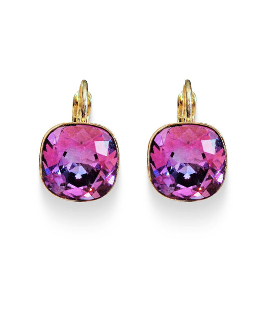 Crystal square  mini drop earrings dark rosy purple,gold plated