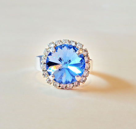 Crystal  halo rivoli finger  ring  aquamarine ,rhodium silver