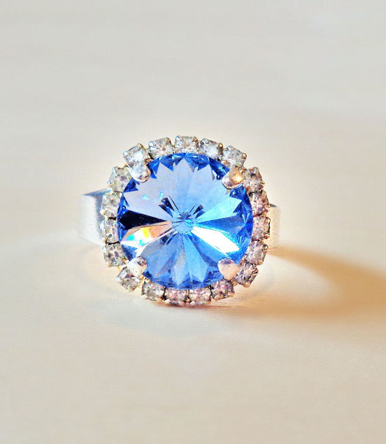 Crystal  halo rivoli finger  ring  aquamarine ,rhodium silver