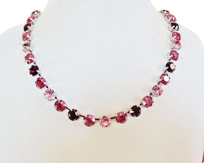 MAROON FLOWERS crystal choker necklace, dark red and burgundy ,rhodium silver