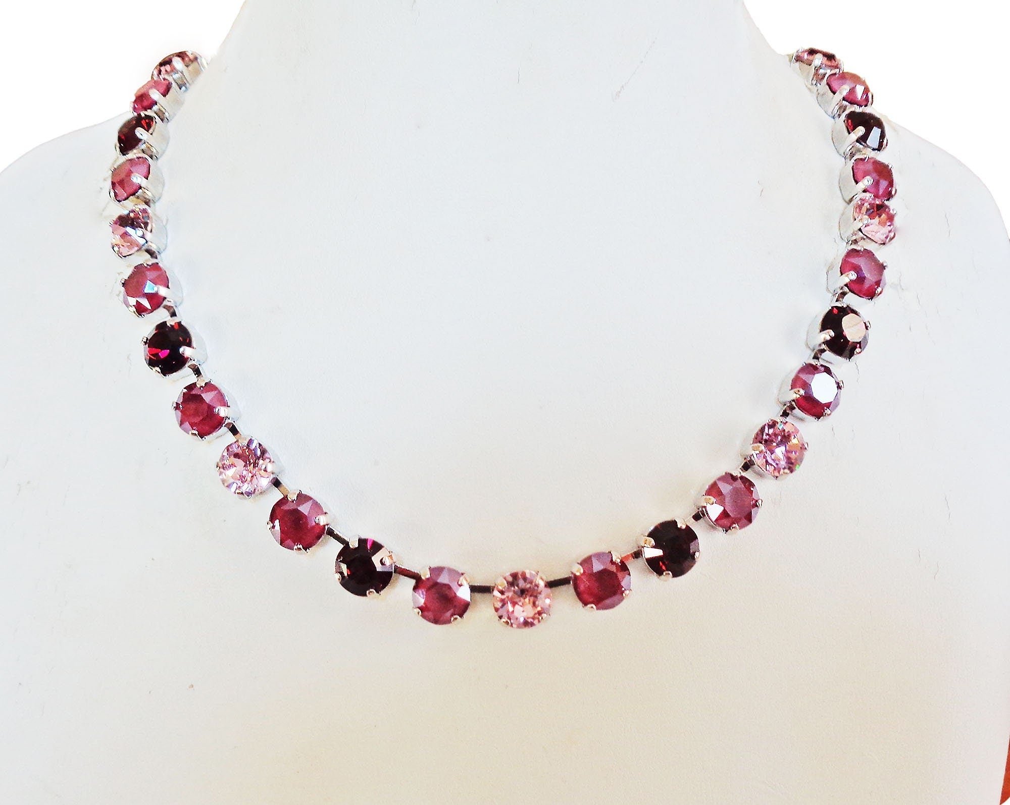 MAROON FLOWERS crystal choker necklace, dark red and burgundy ,rhodium silver