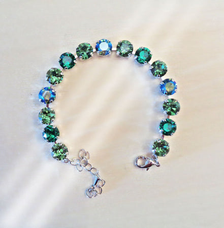 Crystal tennis bracelet  erinite green shimmer,rhodium silver plated