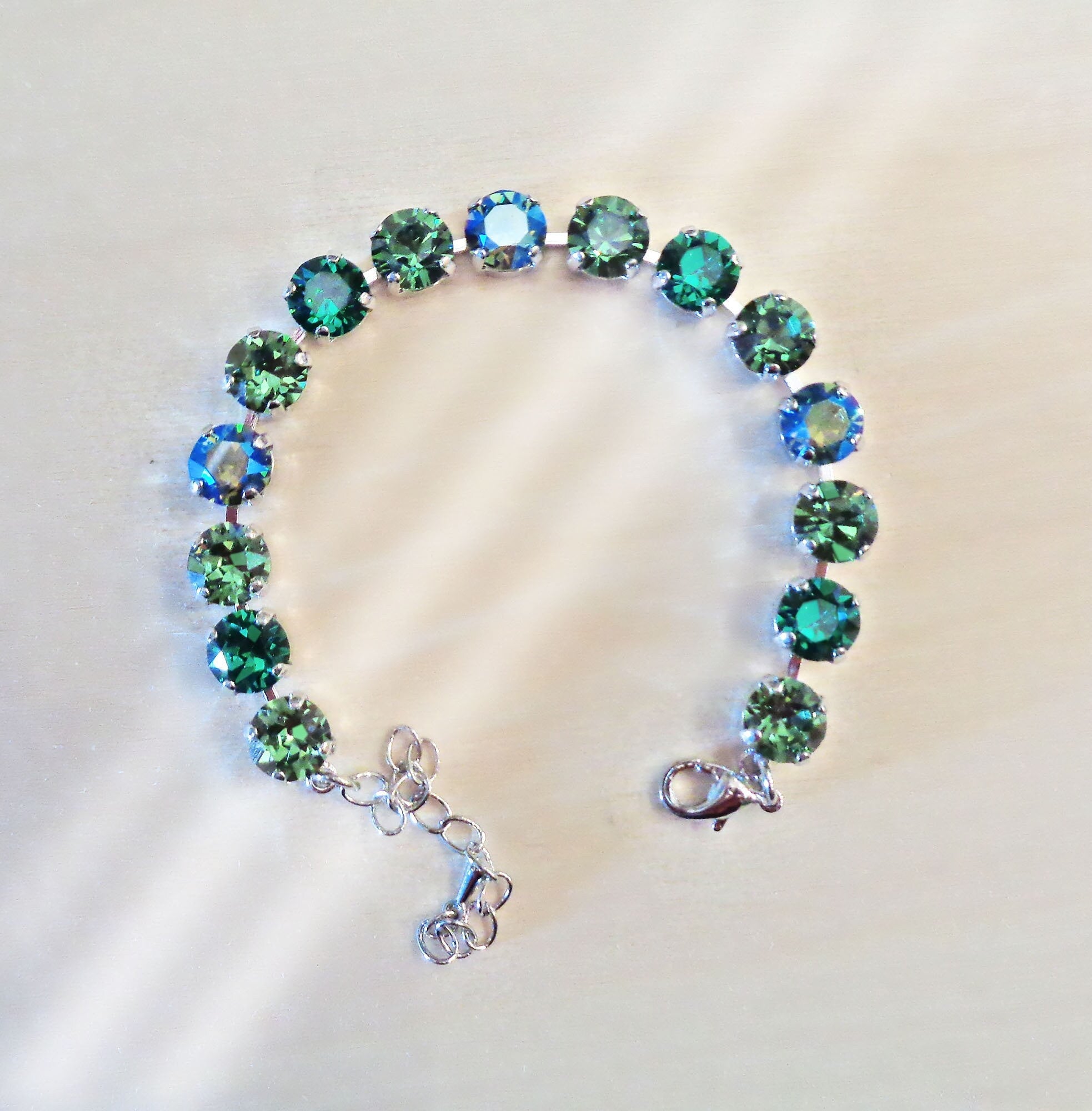 Crystal tennis bracelet  erinite green shimmer,rhodium silver plated