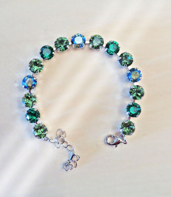 Crystal tennis bracelet  erinite green shimmer,rhodium silver plated