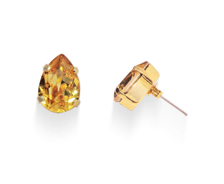 Crystal pear stud earrings, golden topaz,yellow gold