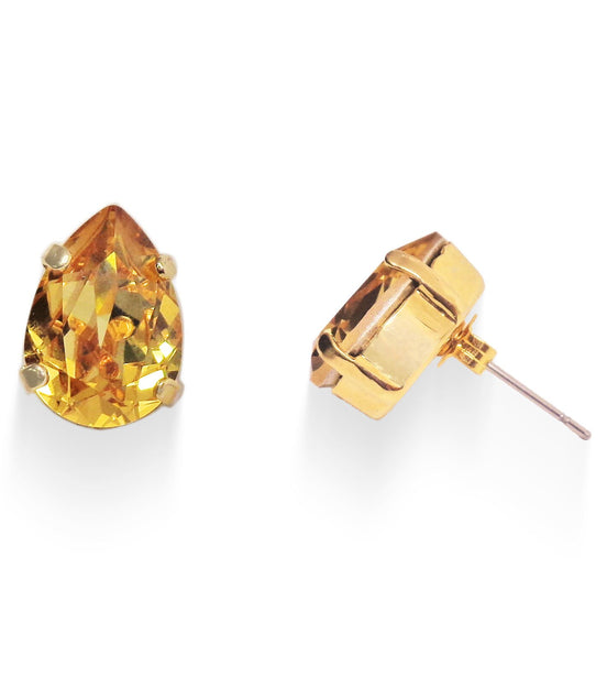 Crystal pear stud earrings, golden topaz,yellow gold