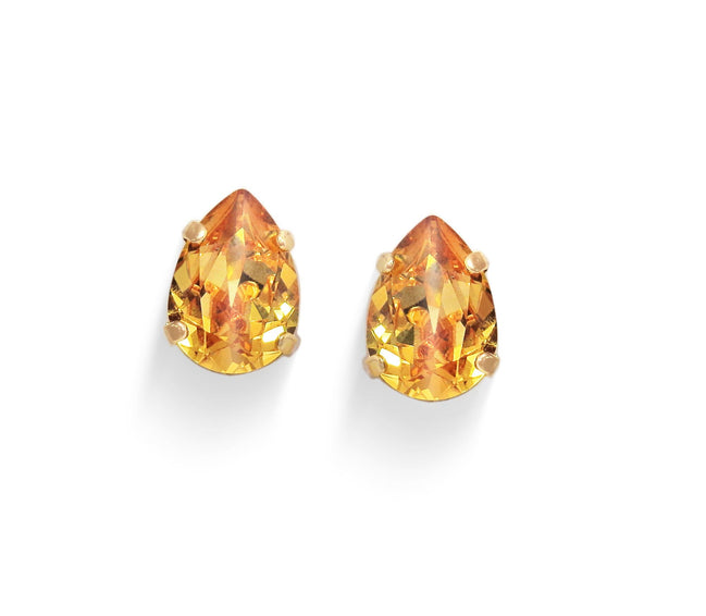 Crystal pear stud earrings, golden topaz,yellow gold