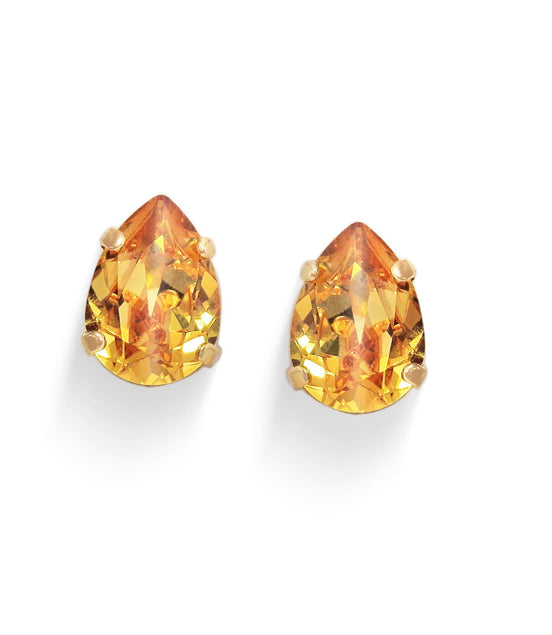 Crystal pear stud earrings, golden topaz,yellow gold