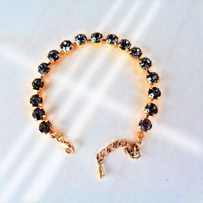 Crystal tennis bracelet black diamond,yellow gold