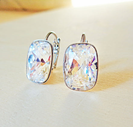 Crystal cushion rectangle  drop earrings clear crystal ,rhodium silver