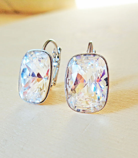Crystal cushion rectangle  drop earrings clear crystal ,rhodium silver