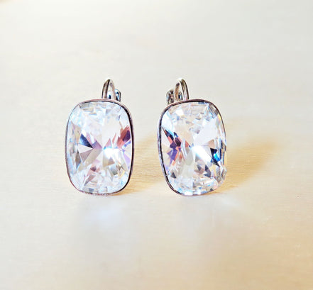 Crystal cushion rectangle  drop earrings clear crystal ,rhodium silver