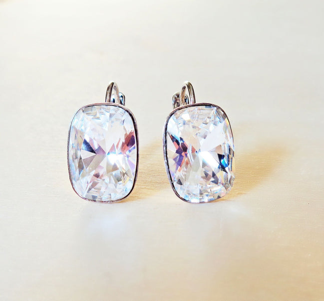 Crystal cushion rectangle  drop earrings clear crystal ,rhodium silver