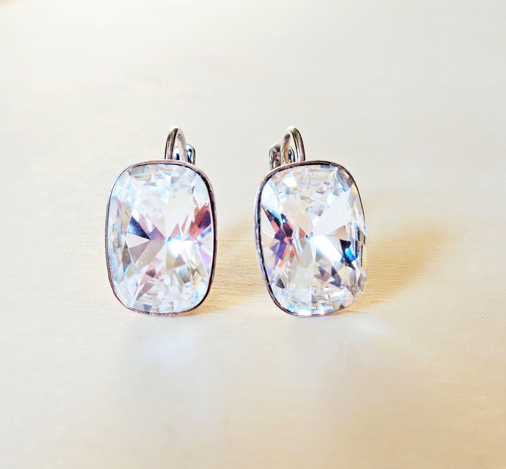 Crystal cushion rectangle  drop earrings clear crystal ,rhodium silver