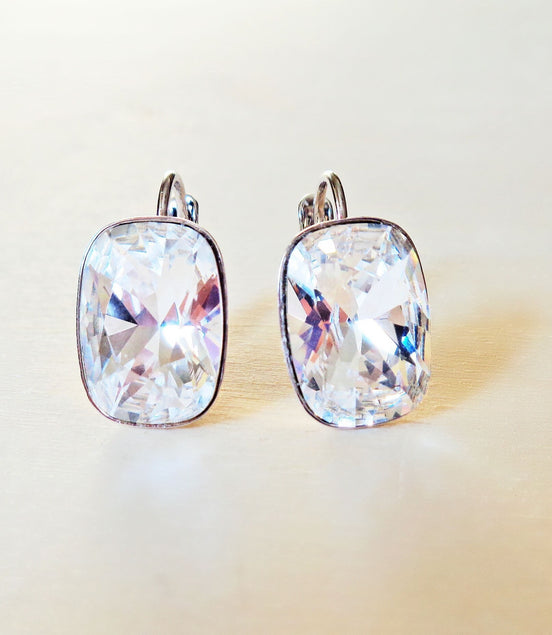 Crystal cushion rectangle  drop earrings clear crystal ,rhodium silver