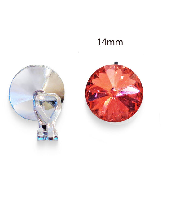 Crystal  rivoli clip on earrings,bright red,rhodium silver