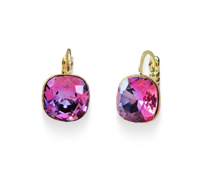 Crystal square  mini drop earrings dark rosy purple,gold plated