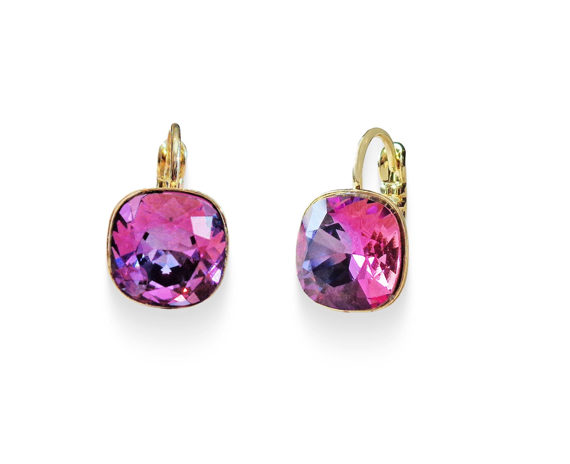 Crystal square  mini drop earrings dark rosy purple,gold plated