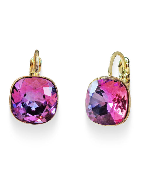 Crystal square  mini drop earrings dark rosy purple,gold plated