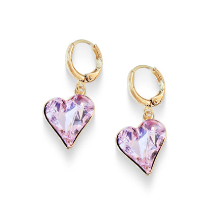 Crystal drop sweetheart earrings,rosaline, gold plated